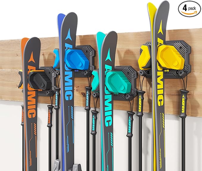 Ski & Snowboard Wall Rack for Garage - Fits Any Ski/board, Damage-Free Storage, Multi-color 4pck
