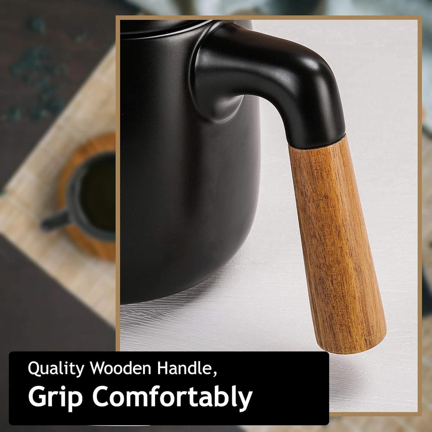 MIAMIO β 34 Oz Ceramic Tea Pot Set with Infuser and Cups/Tea Strainer, 4 Ceramic Tea Mugs (10 Oz), Bamboo Saucers/Handle for Home and Office (Black)