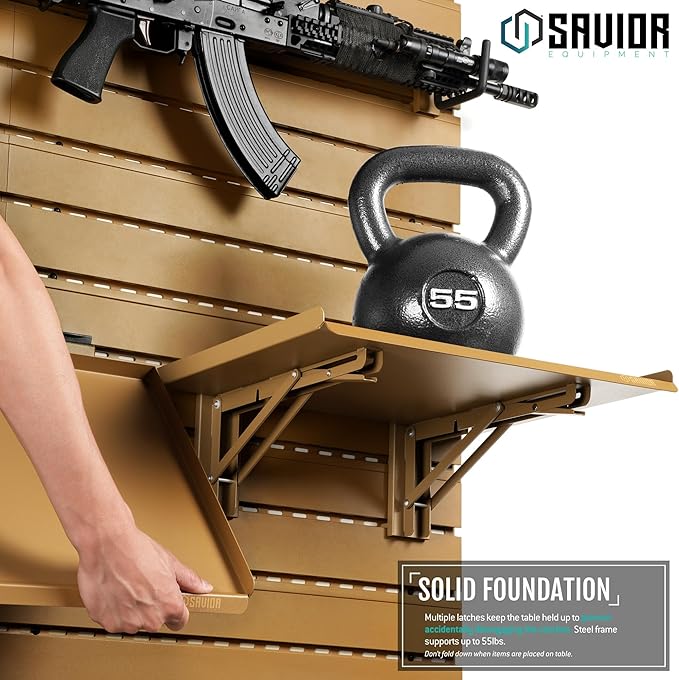 Savior Equipment Wall Rack System Heavy-Duty Steel Folding Table Workbench Shelf Collapsible Wall Mount Hanger, Modular Firearms Gun Wall Gear Accessories Organizer