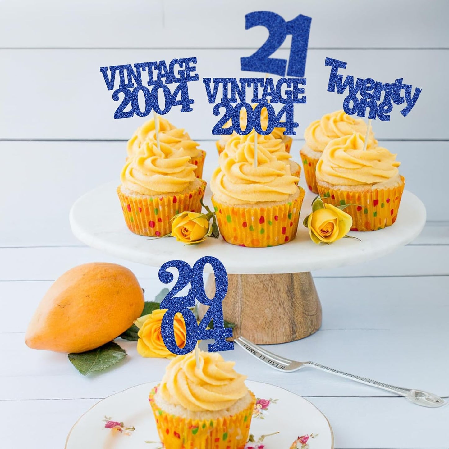 Gyufise 24Pcs 21st Birthday Cupcake Toppers Glitter Twenty-one Vintage 2004 Cheers to 21 Cupcake Picks Birthday Cake Decorations for Happy 21st Anniversary Party Supplies Deep Blue