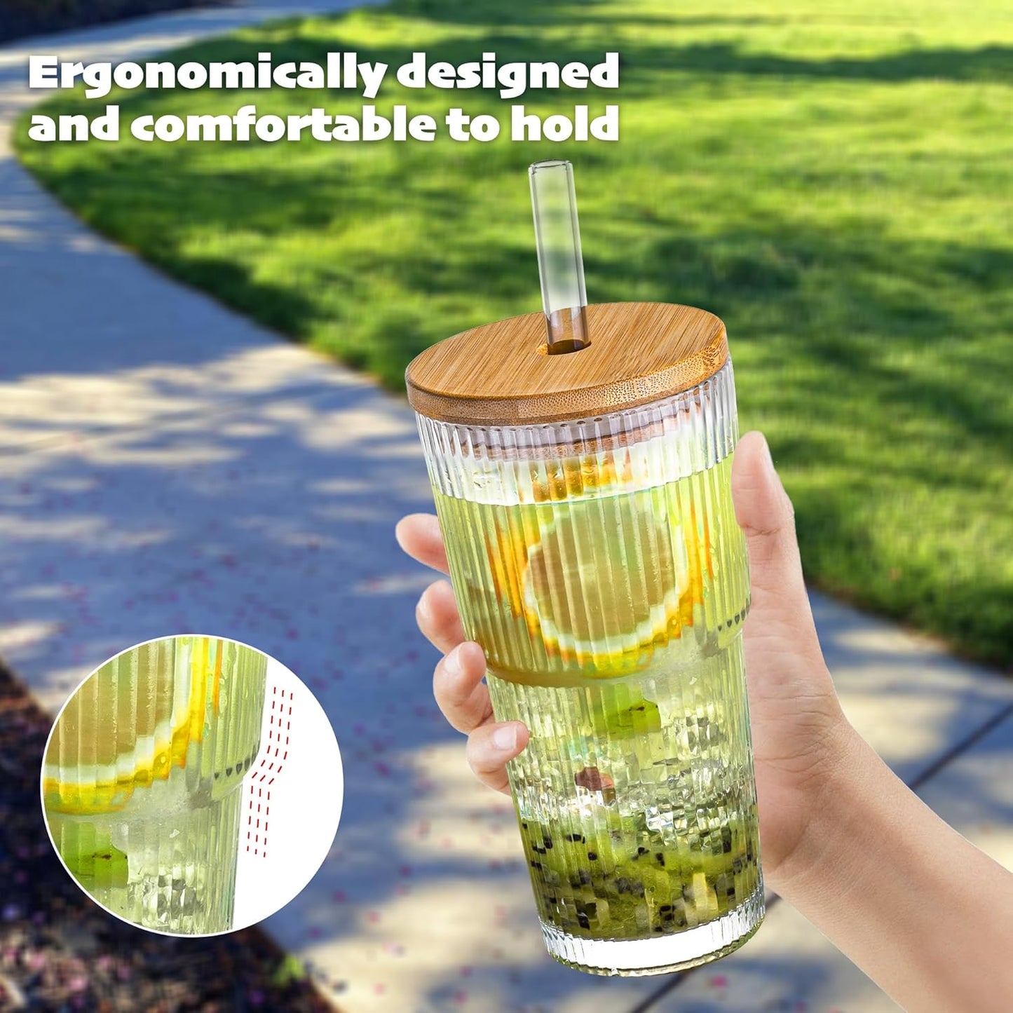 20 oz Ribbed Glass Tumblers with Bamboo Lids and Straws, 2 Pcs Wide Mouth Thickened Vintage Glass Cup for Boba, Iced Coffee, Juice