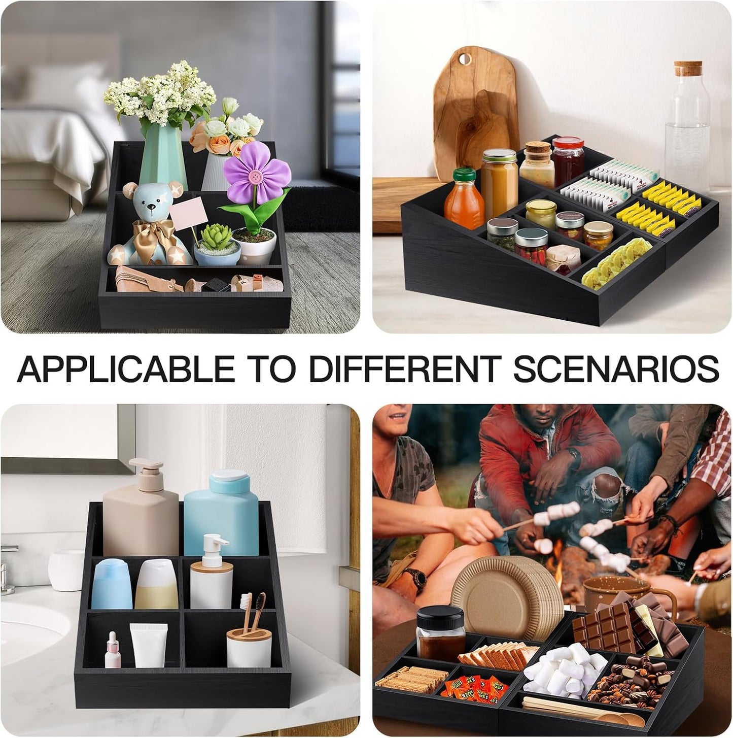 Coffee Station Organizer Coffee Condiment Service Tray with 9 Compartment for Counter, Wood Coffee Bar Supplies Organizer for Home Office Breakroom Two-in-One Black