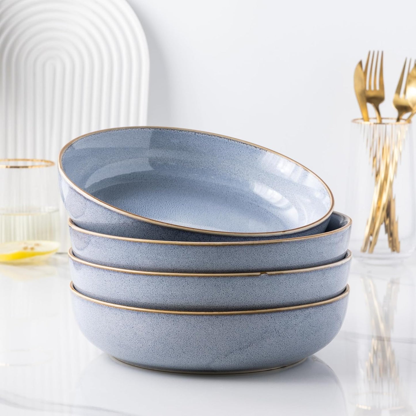 GBHOME 9'' Large Ceramic Pasta Bowls, 38oz Stoneware Pasta Serving Bowls Set of 4 for Kitchen, Wide Bowls for Fruit,Pasta,Salad,Oatmeal,Meal, Microwave Safe, Reactive Glaze-Blue