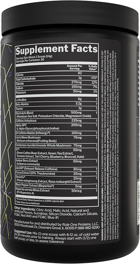 Rule 1 preLIFT Pre-Workout - 6g Citrulline, 3.2g Beta Alanine, 3 Caffeine Sources + 20 Others for Energy, Alertness, & Endurance (30 Servings, Acai Berry)
