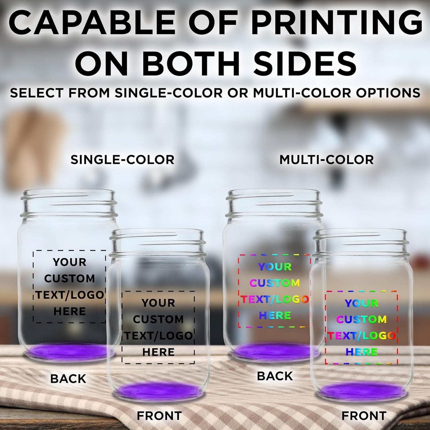 DISCOUNT PROMOS Custom Decorating Mason Jars 12 oz. Set of 10, Personalized Bulk Pack - Glass Jars for Overnight Oats, Candies, Fruits, Pickles, Spices, Beverages - Purple