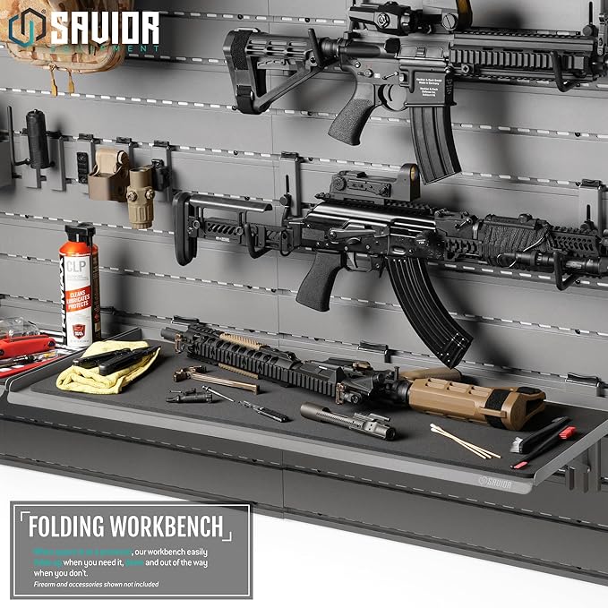 Savior Equipment Wall Rack System Heavy-Duty Steel Folding Table Workbench Shelf Collapsible Wall Mount Hanger, Modular Firearms Gun Wall Gear Accessories Organizer