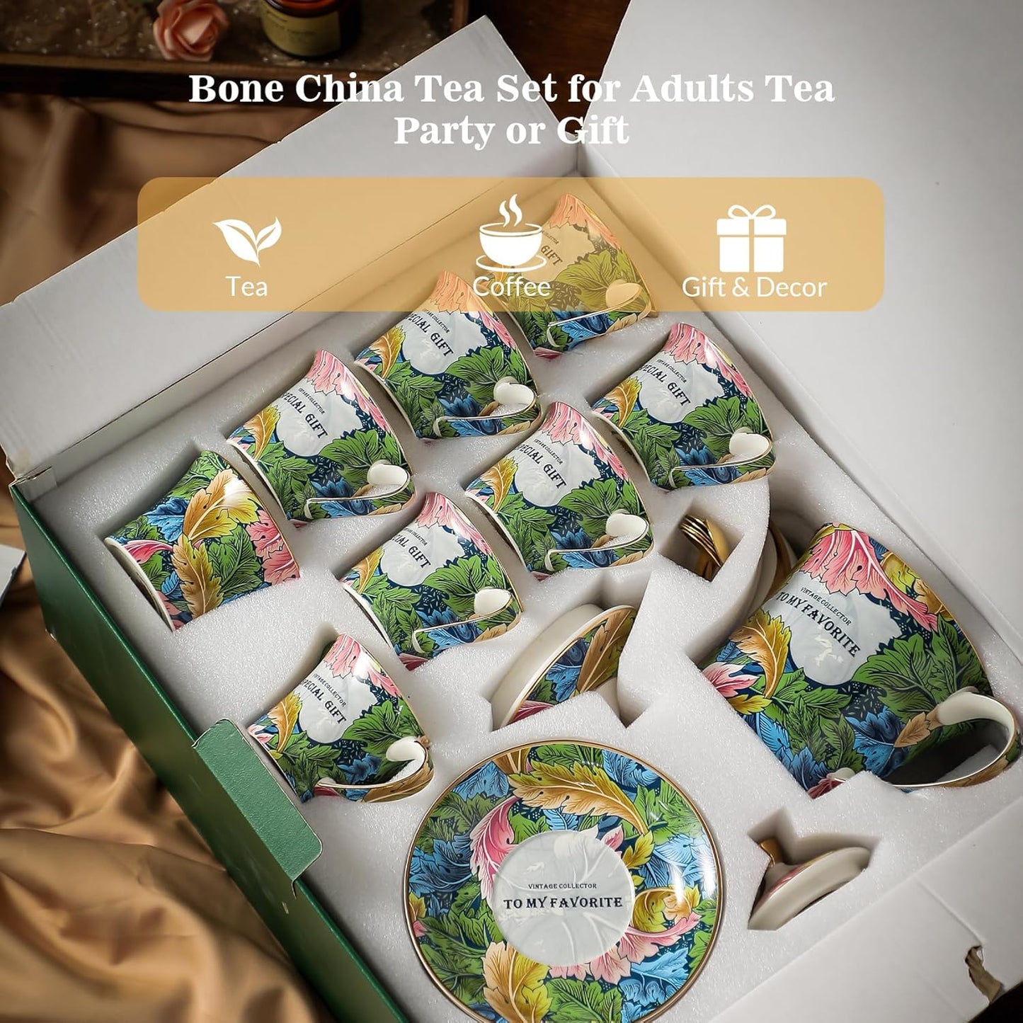 ACMLIFE Tea Set for Adults, 21-Piece Green Bone China Tea Set for Women with Teapot Sugar Bowl Cream Pitcher, Fine Chineae English British Set for 6, Gift (green, Extra Large set 21)