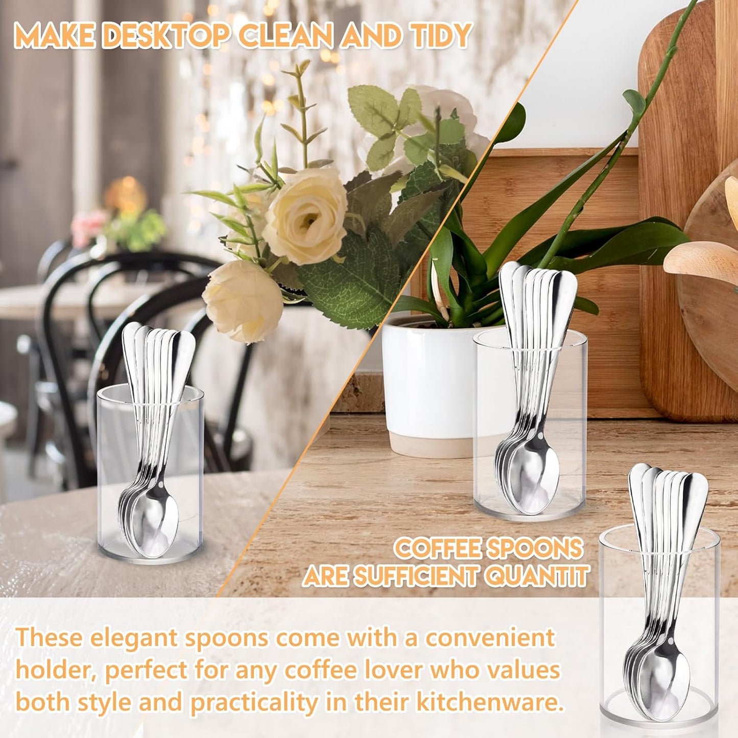6 Pcs Mini Coffee Spoons with Holder 4.7 inch Demitasse Espresso Stainless Steel Spoons Silver with Acrylic Cylinder Holder for Coffee Bar Home Tea Party (6)
