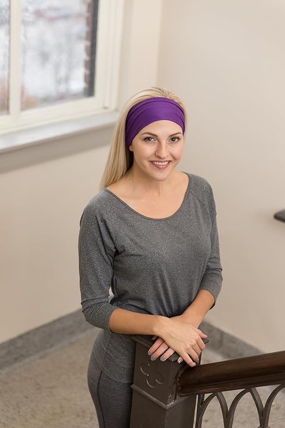 RiptGear Stretch Sport Headband for Women (Purple Solid and Striped) — Non-Slip Sweat Wicking Fabric Great for Yoga, Running or The Gym — Soft Headband Fits Most Head Sizes — (2-Pack)