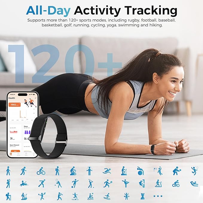 Smart Health Wristband, Wearable Health Fitness Tracker, 120+ Sports Modes, All-Day Automatic Monitoring, with Pedometer/Improve Sleep/Stress/Health, IP68 Waterproof, 2 Pack Bands, Free APP