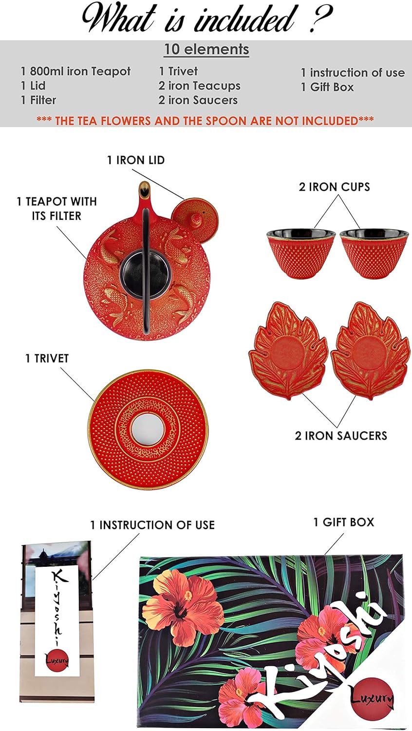 7PC Japanese Tea Set."Red Koi" Cast Iron Tea Pot with 2 Tea Cups, 2 Saucers, Tea Infuser and Teapot Trivet. Ceremonial Matcha Accessories