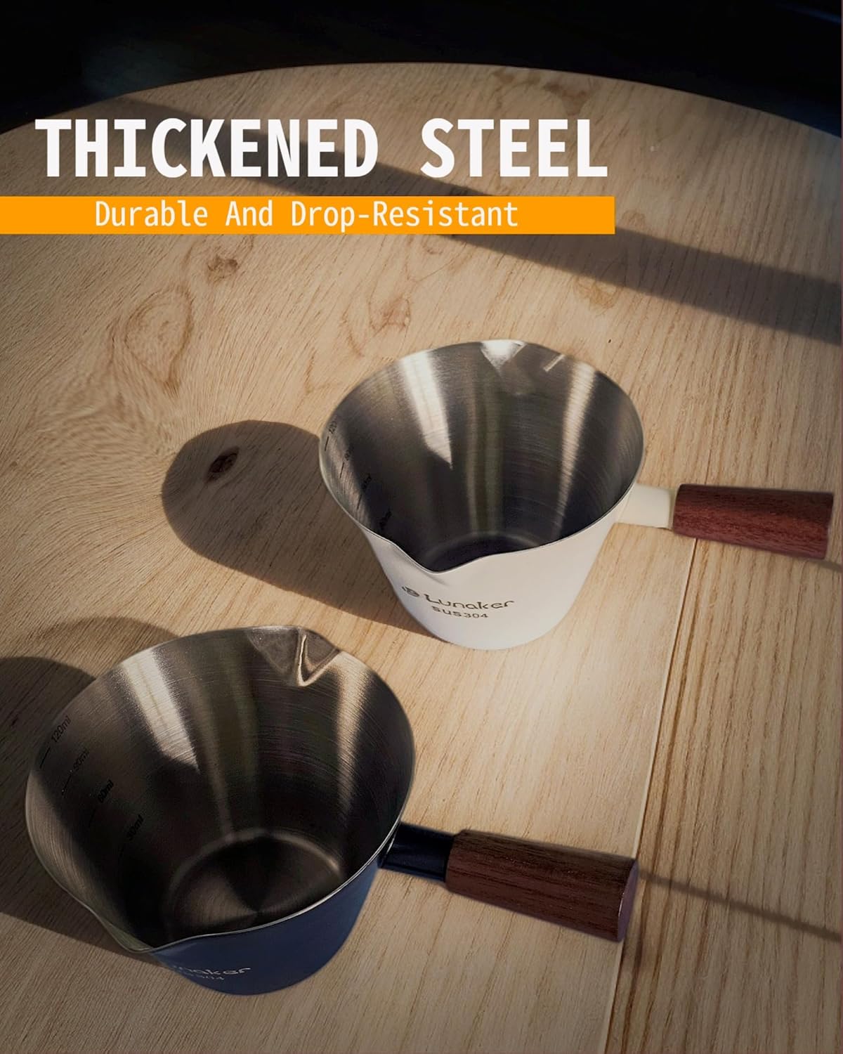 Stainless Steel Espresso Cup - Espresso Shot Cup with Wooden Handle -Measuring Cup with Double Spouts - 4.1OZ/120ML, White