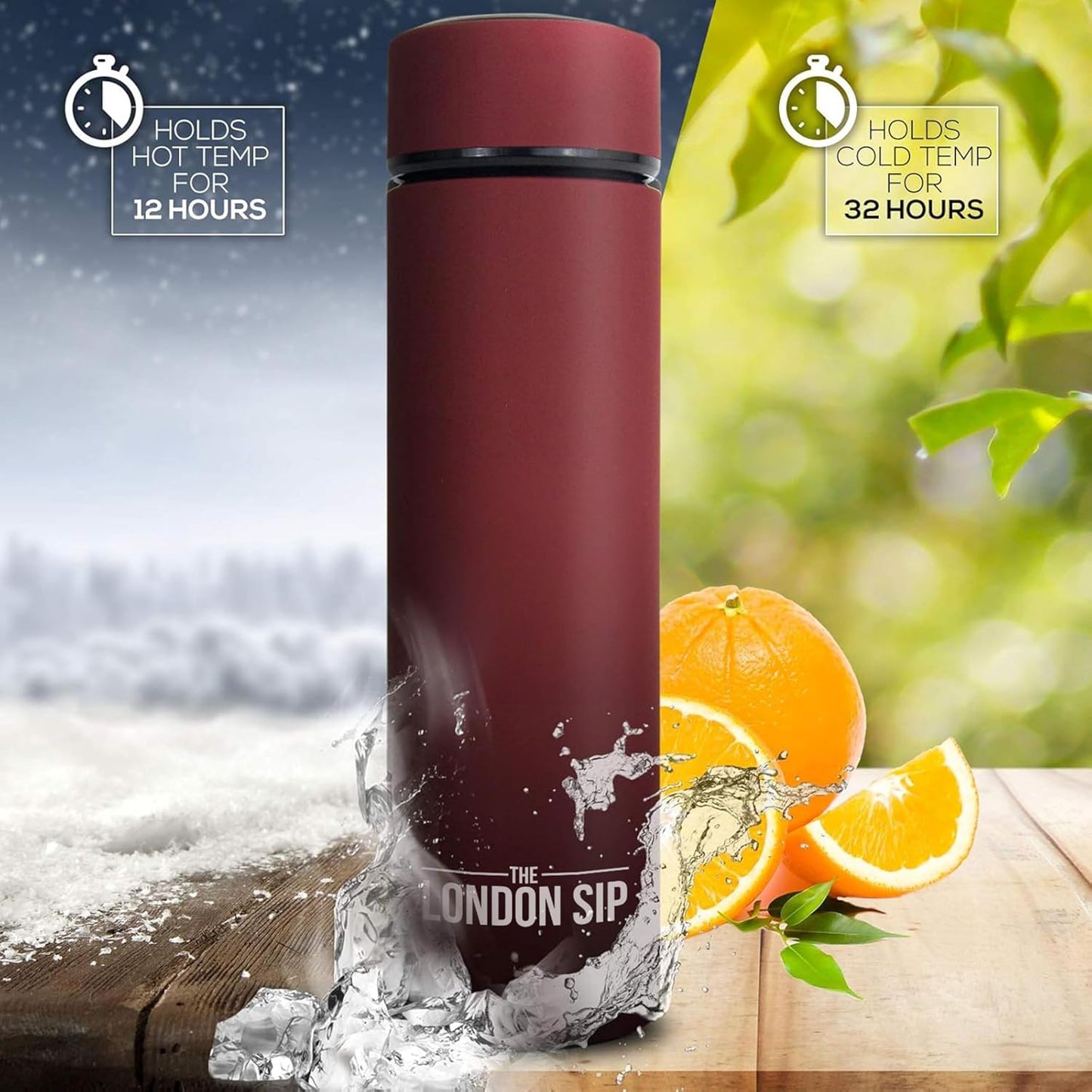 London Sip Multi-Purpose Travel Mug and Tumbler Fruit Infused Flask Hot and Cold Double Wall Stainless Steel Thermos with Extra-Long Infuser, Sacred Red