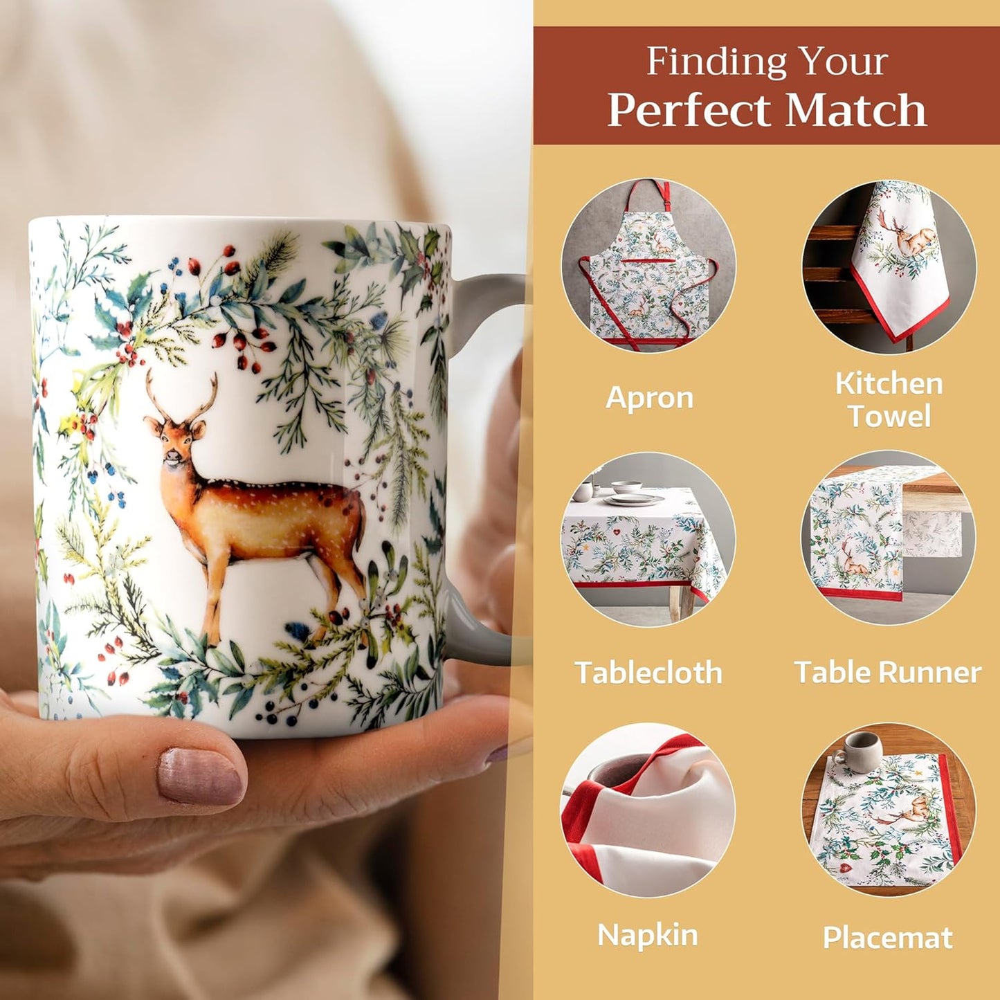 Maison d' Hermine Coffee Mug with Handles Fine Bone China Mugs Pack of One Tea Cups for Hot Beverages Cappuccino Latte Home Restaurant Office Perfect for Gift (Holly Time - Biche, 15 Ounce)