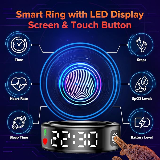 Smart Ring for Women Men with LED Display Screen & Touch Button, IP68 Waterproof Health Ring, Bluetooth Connection Health Tracker Ring Tracks Sport Activities/Heart Rate/Blood Oxygen/Sleep/Steps