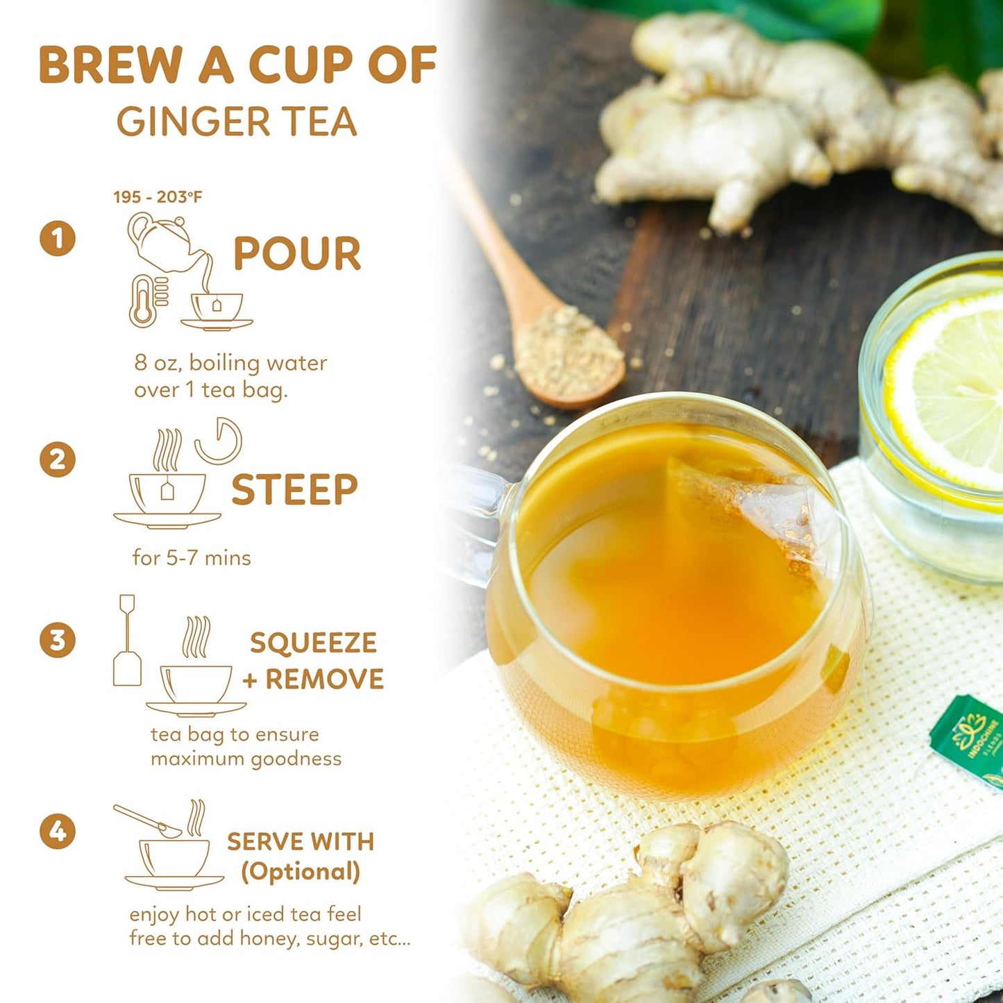 Indochine Blends, Ginger Tea Bags, 50 Teabags, 2g/bag, Individually Wrapped Envelopes, Caffeine-free, No Sugar, Healthy Belly Herbal Tea Supports Digestion & Boosts the Immune System