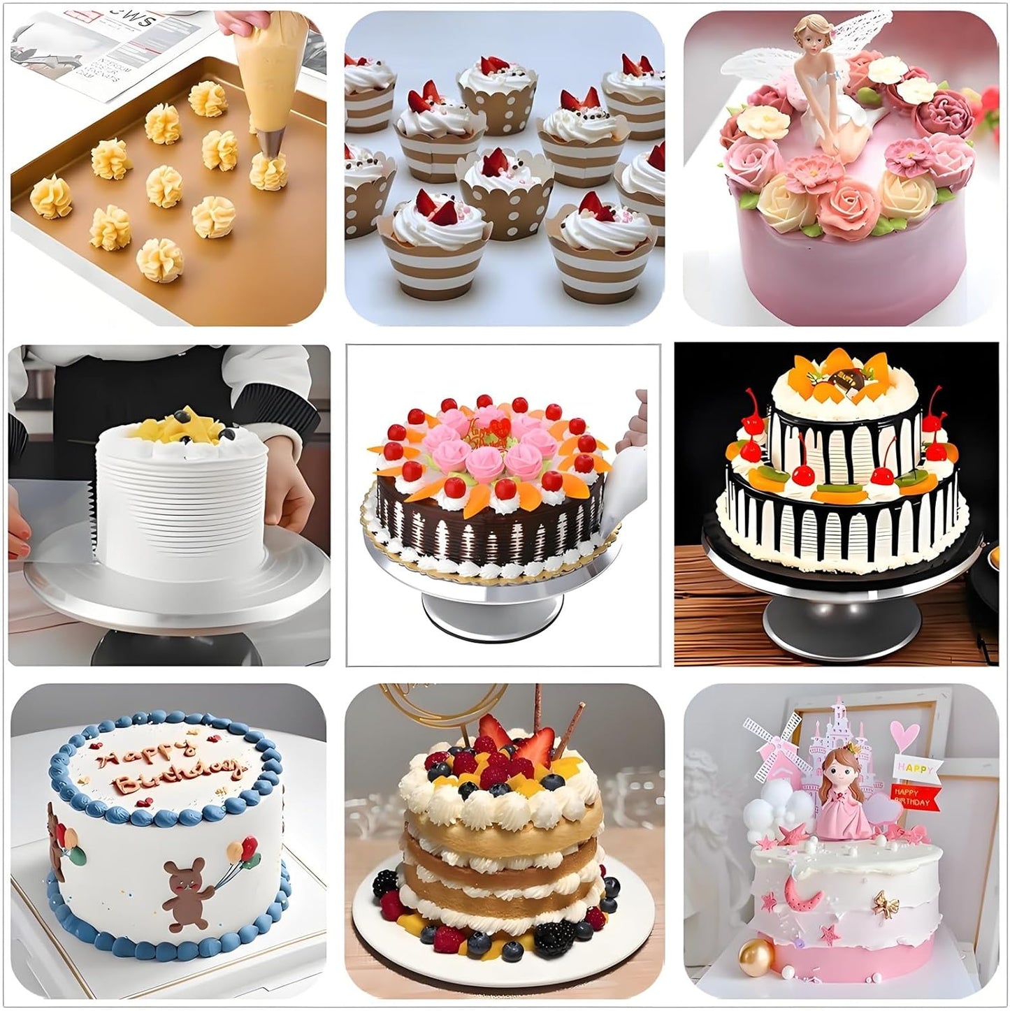 198 Pcs Cake Decorating Kit with Aluminium Alloy Cake Turntable,24 Numbered Icing Piping Tips,2 Couplers,2 Cake Spatulas,3 Comb Scrapers,8 Carved Pens, 50 Pastry Bags,50 Cake Flags