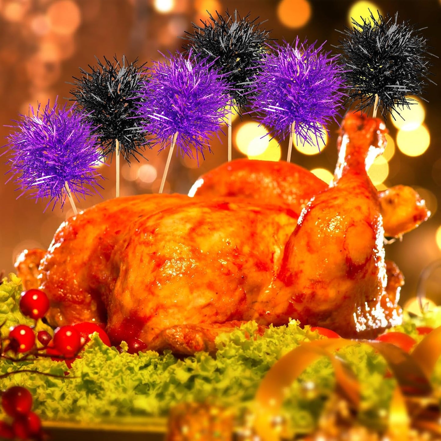 Chinco 100 Pcs Foil Firework Cupcake Toppers Sparkle Tinsel Cake Toppers Cake Decoration Cocktail Fruit Toothpick for Birthday Wedding Graduation Party(Purple, Black)