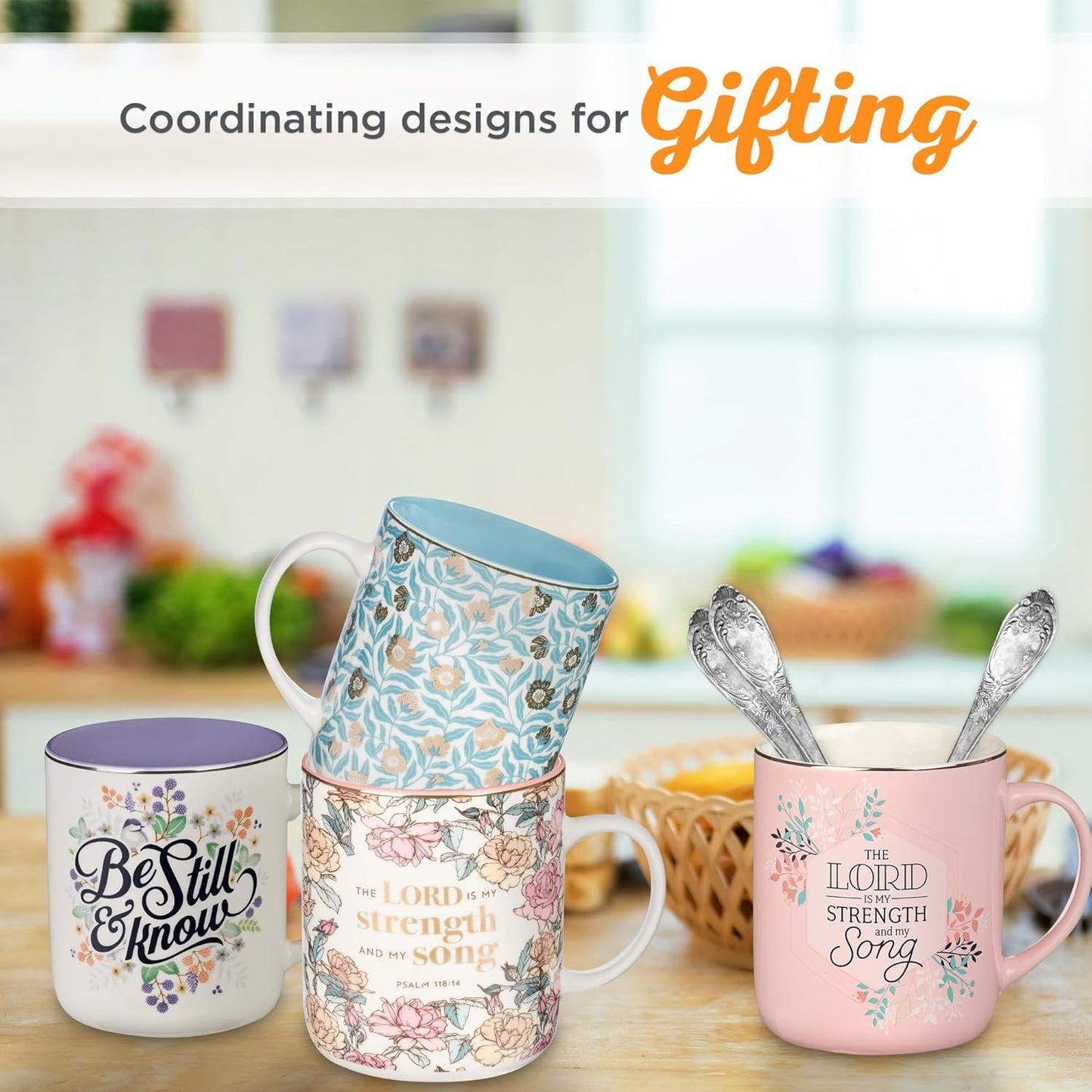 Christian Art Gifts Large, 14 oz Ceramic Scripture Coffee & Tea Mug for Women: The Lord is My Strength - Psalm 118:14 Inspirational Bible Verse, Lead-free Drinkware w/Silver Rim, Pink Floral