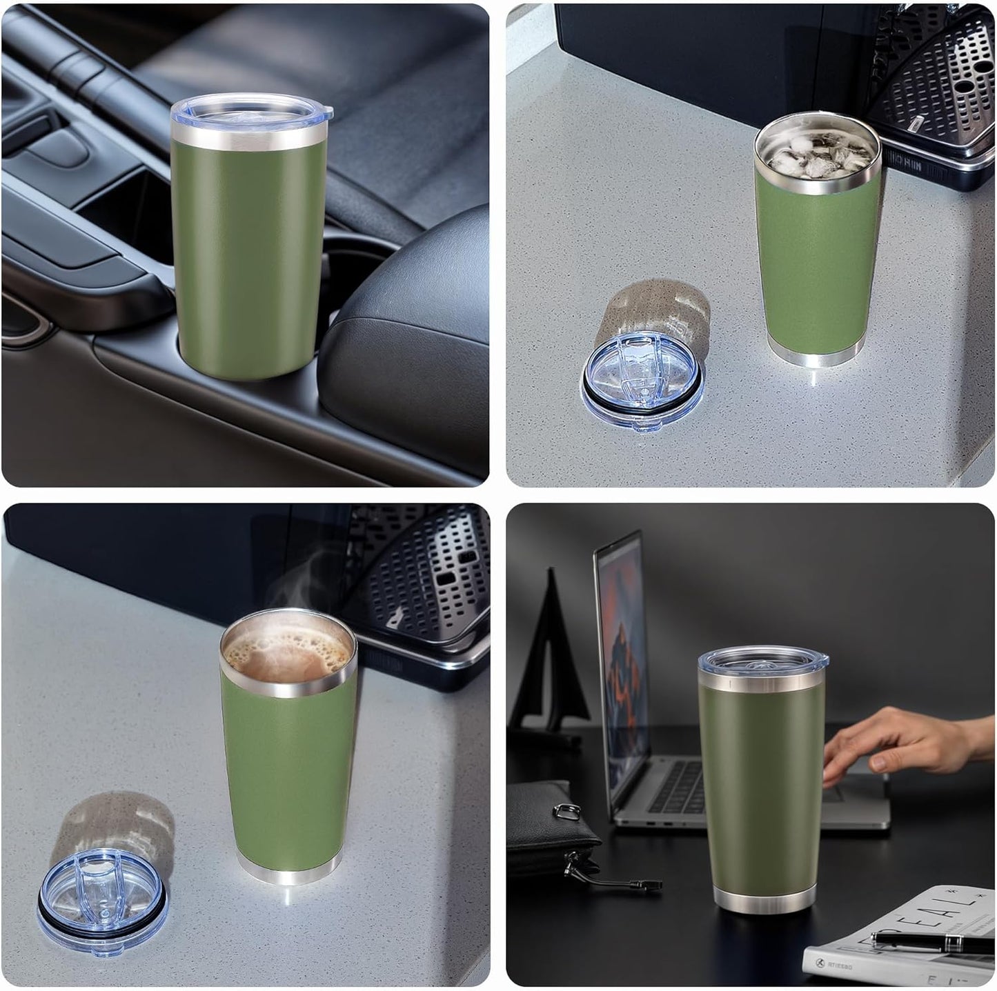 OMTech 20oz Tumblers Bulk, 6pc Stainless Steel Tumbler Set with Lid & Straw, Double Wall Vacuum Insulated Mug for Laser Engraver, Travel Coffee Mug for Hot & Cold Drinks, Army Green Powder Coated Cup