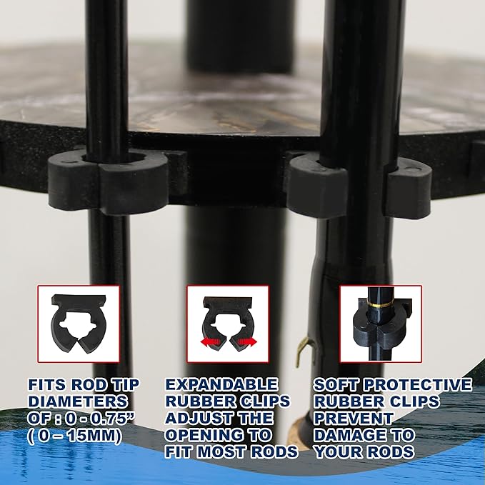 Rush Creek Creations | Round Spinning Fishing Rod Holder for 16 Freshwater Fishing Poles, Fishing Gear, and Fishing Accessories | Fishing Rod Rack with 16 Fishing Rod Clips for Garage Organization