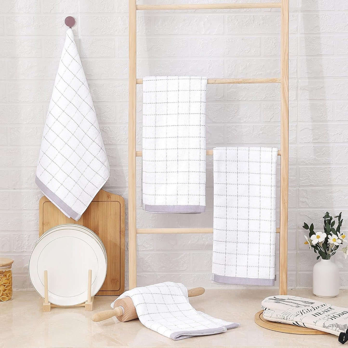 Homaxy 100% Cotton Terry Kitchen Towels(White, 13 x 28 inches), Checkered Designed, Soft and Super Absorbent Dish Towels, 12 Pack