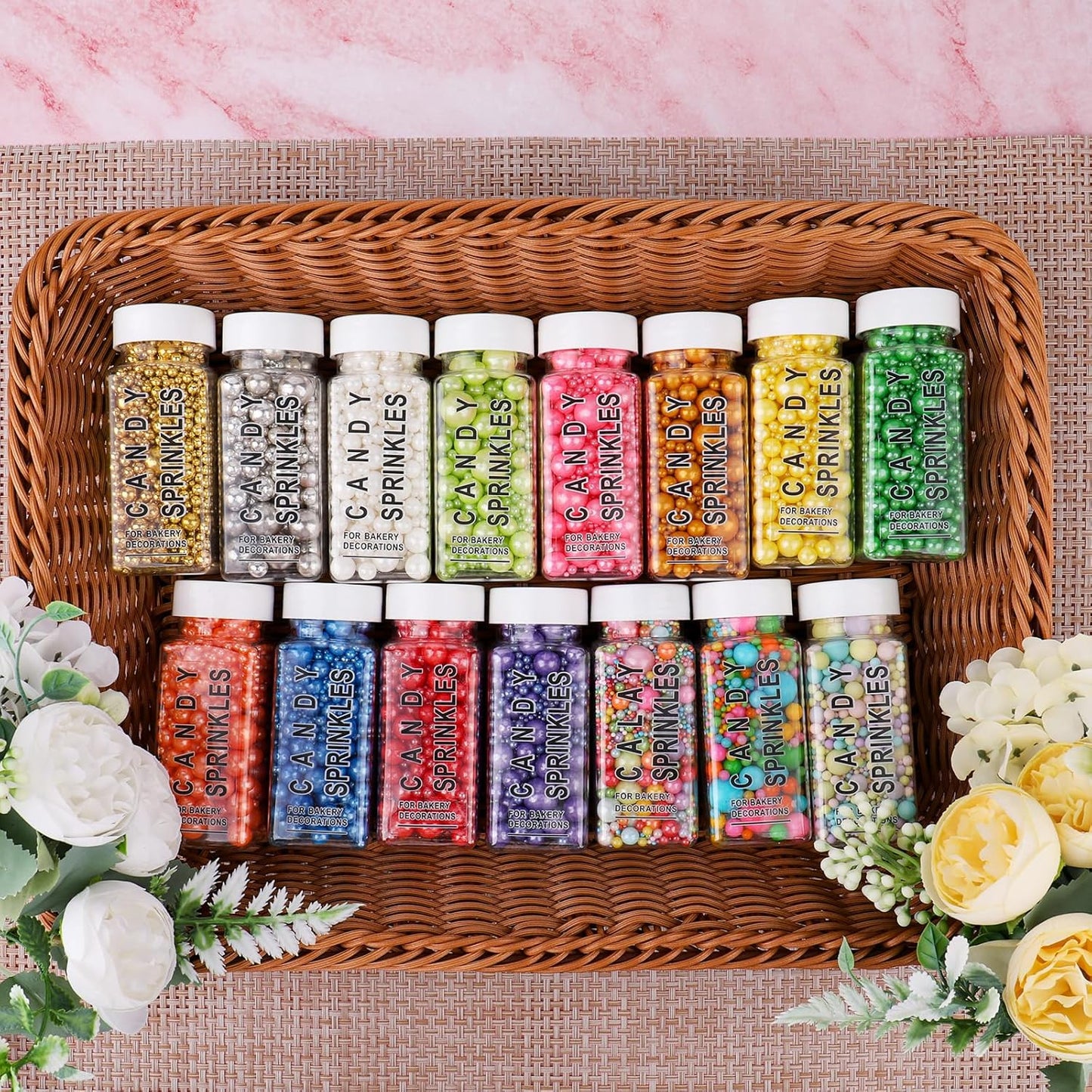 Yellow Edible Pearls for Cake Decorating, 6 Sizes Mix Sugar Sprinkles Cupcake Topping Cake Decorations, Wedding Party Christmas Supplies 4.6 oz