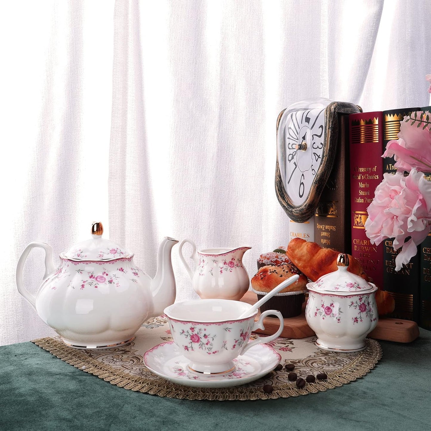 fanquare Vintage Porcelain Tea Set for Women Tea Party, Cup and Saucer Set for 6, Wedding Floral Teapot Set for Adults, Pink Rose