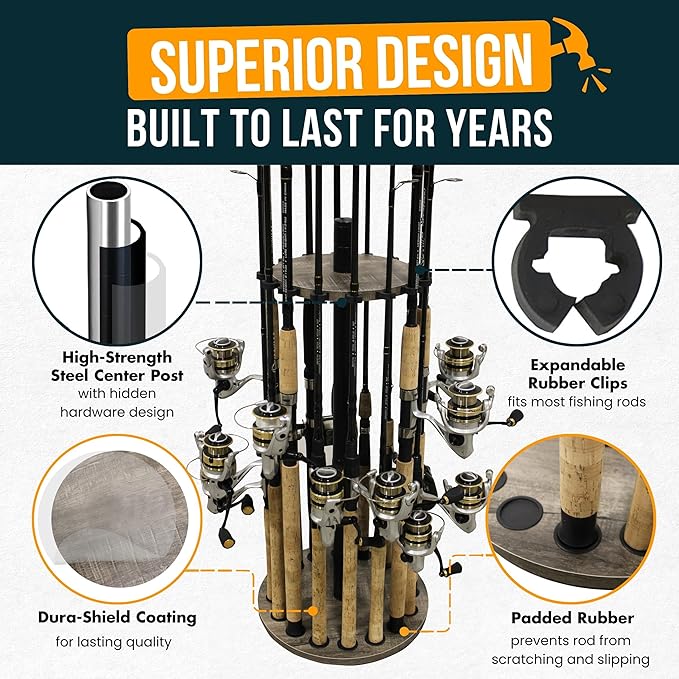 Rush Creek Creations | Round Spinning Fishing Rod Holder for 16 Freshwater Fishing Poles, Fishing Gear, and Fishing Accessories | Fishing Rod Rack with 16 Fishing Rod Clips for Garage Organization