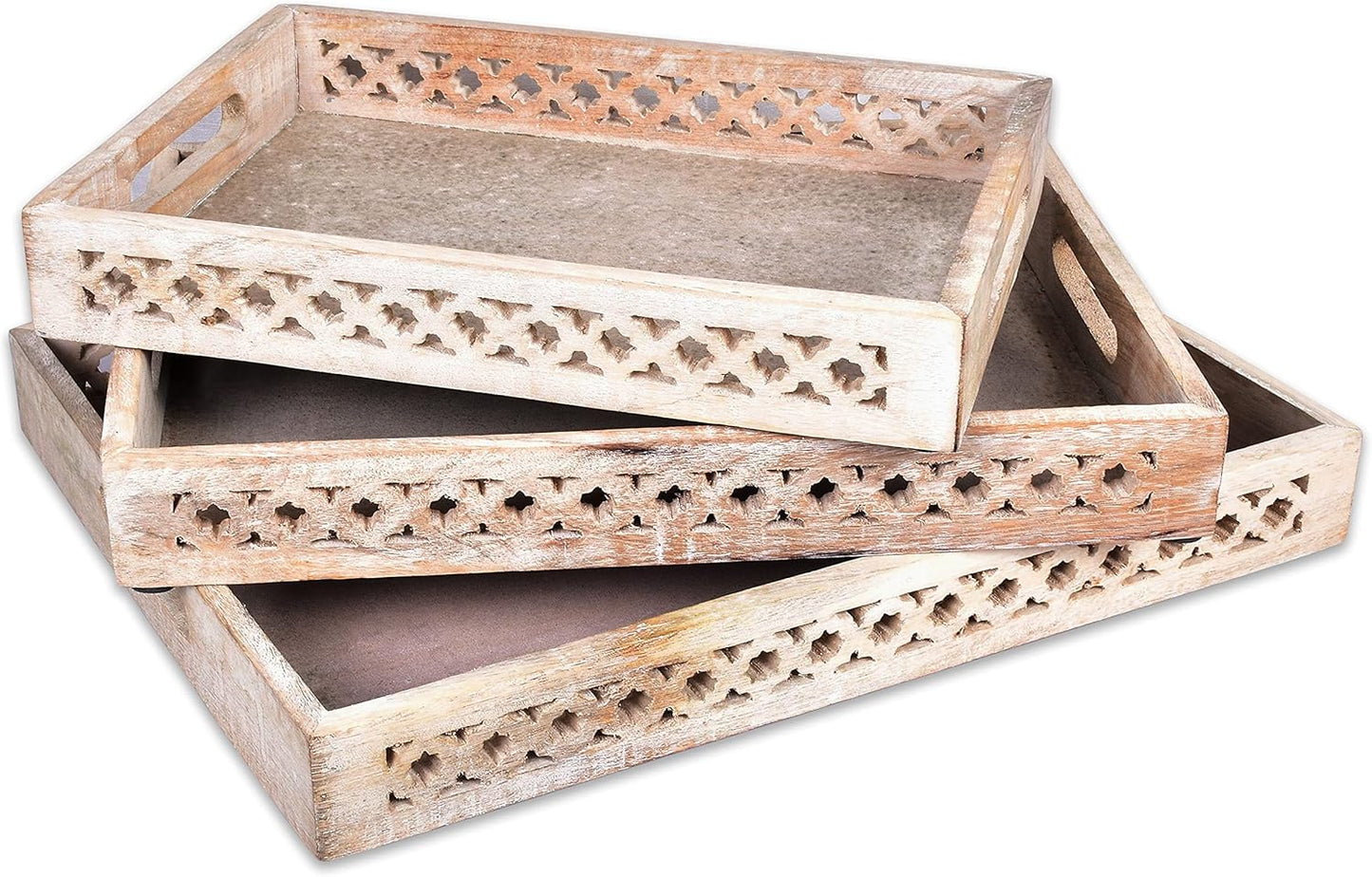 Mela Artisans Whitewash Wooden Decorative Tray with Handles | 16x12x2.5 Mango Wood Ottoman Tray | for Kitchen Countertop | Coffee Table | Snacks | Desserts | Breads | Bedroom Decor