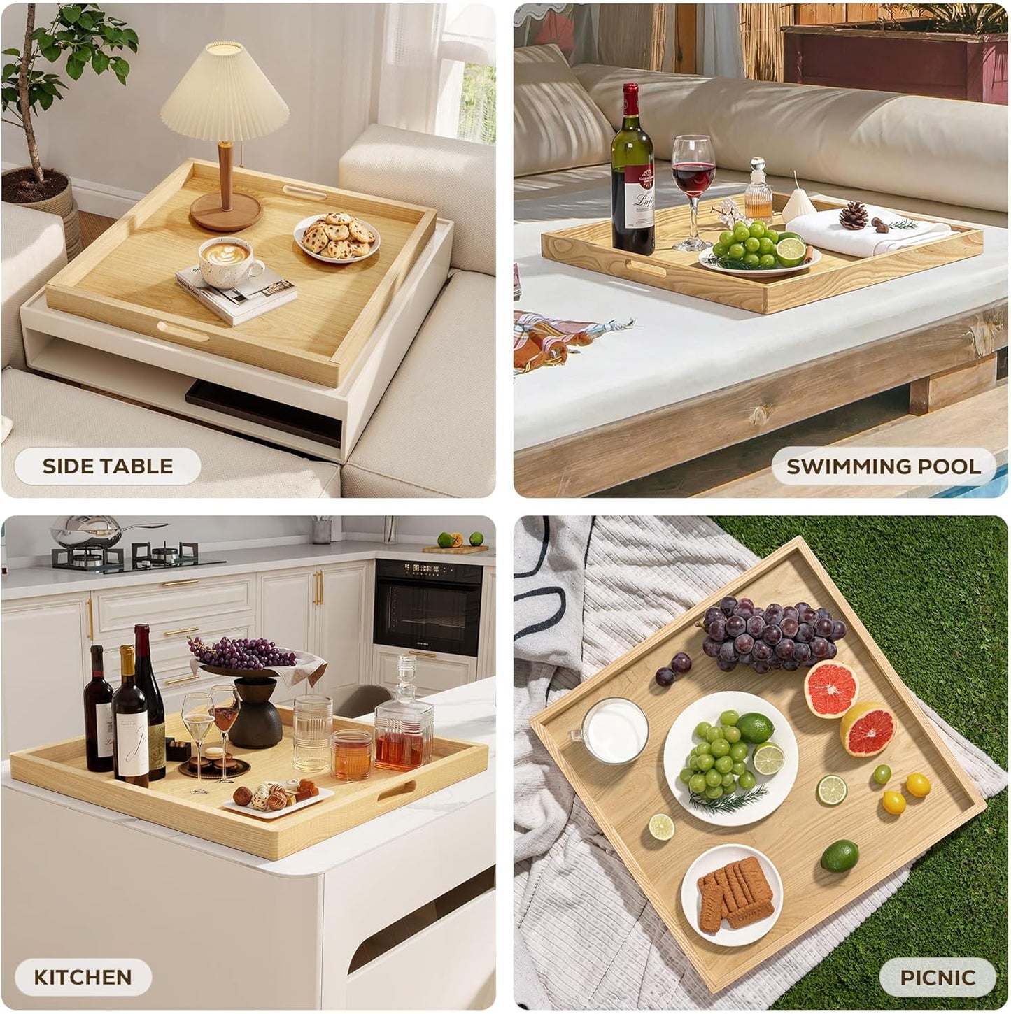 Axeman 20 Inch Large Square Wooden Ottoman Tray for Living Room|Extra Large Serving Tray with Handles for Coffee Table, Breakfast|Decorative Wood Tray for Ottoman Couch Sofa Kitchen|Natural