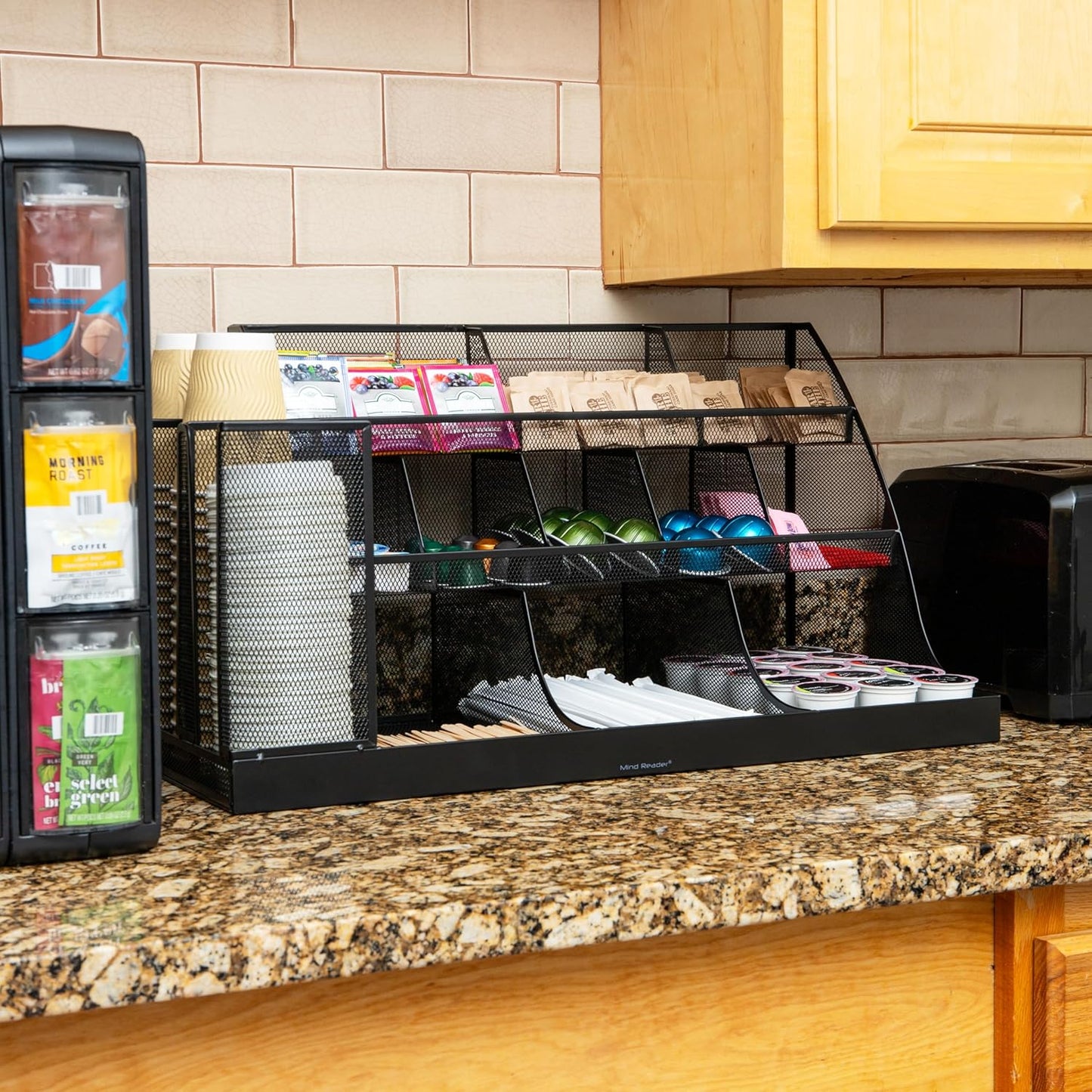 Mind Reader Countertop Organizer, 3-Tier Desktop Storage Rack, Office Breakroom Supply Caddy, Metal Mesh, Black