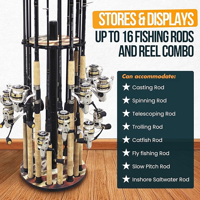 Rush Creek Creations | Round Fishing Rod Holder for 16 Freshwater Fishing Poles, Fishing Gear, and Fishing Accessories | Fishing Rod Rack with 16 Fishing Rod Clips for Garage Organization