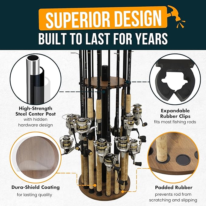 Rush Creek Creations | Round Rod Holder for 16 Freshwater Poles, Gear, and Accessories | Fishing Rack With 16 Rod Clips for Garage Organization