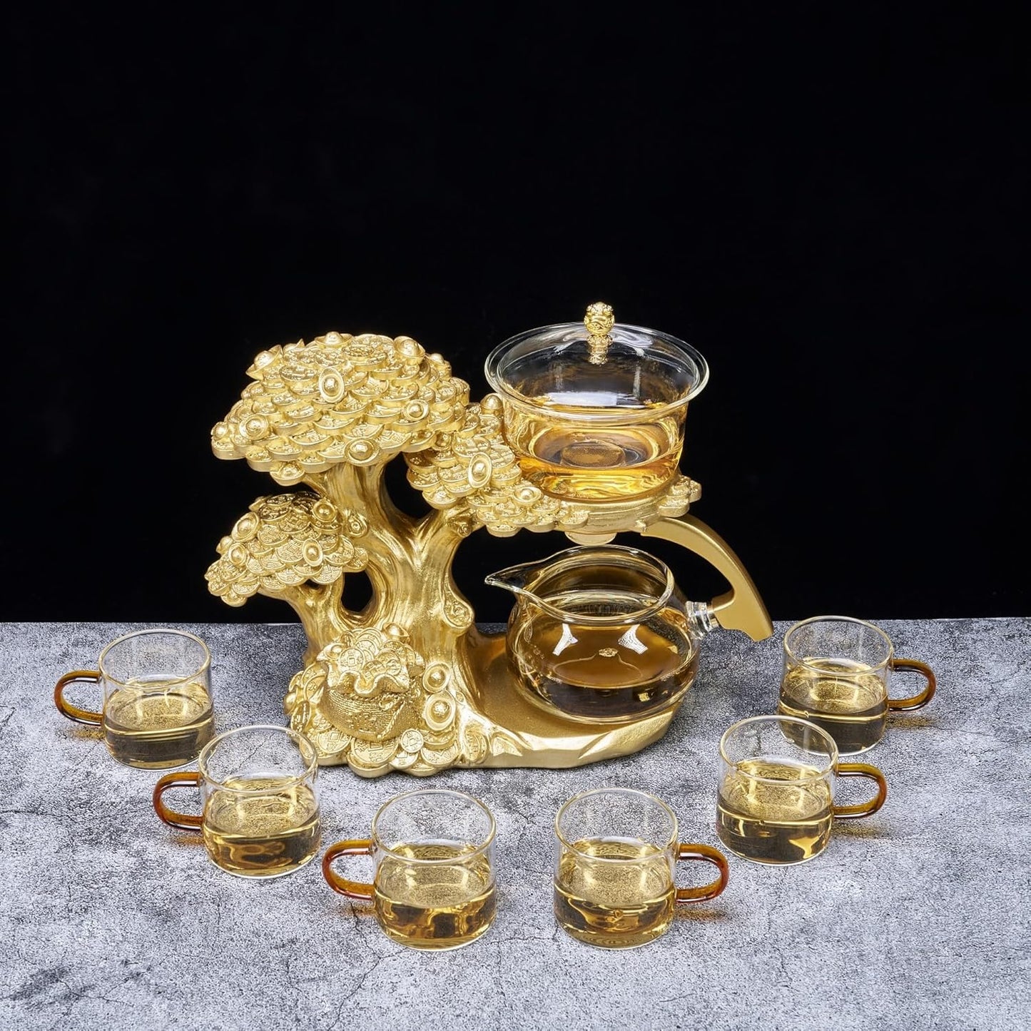 Glass Teapot Set with Infuser Semi Automatic Tea Set Magic Teapot (Tree - golden)