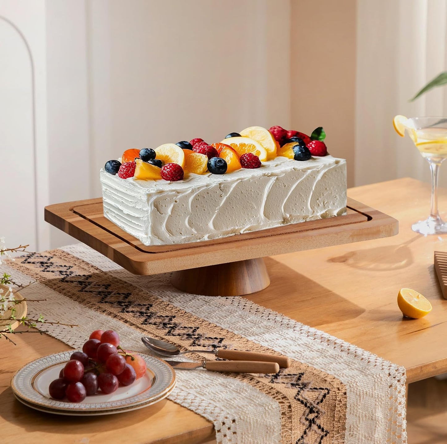 HBlife Cake Stand with Lid (16.5"), Multifunctional Cake Stand with Acrylic Dome Rectangular Acacia Wood 2-in-1 Cake Plate Display Stand with Cover for Baking Gifts, Birthday Kitchen Parties, Weddings