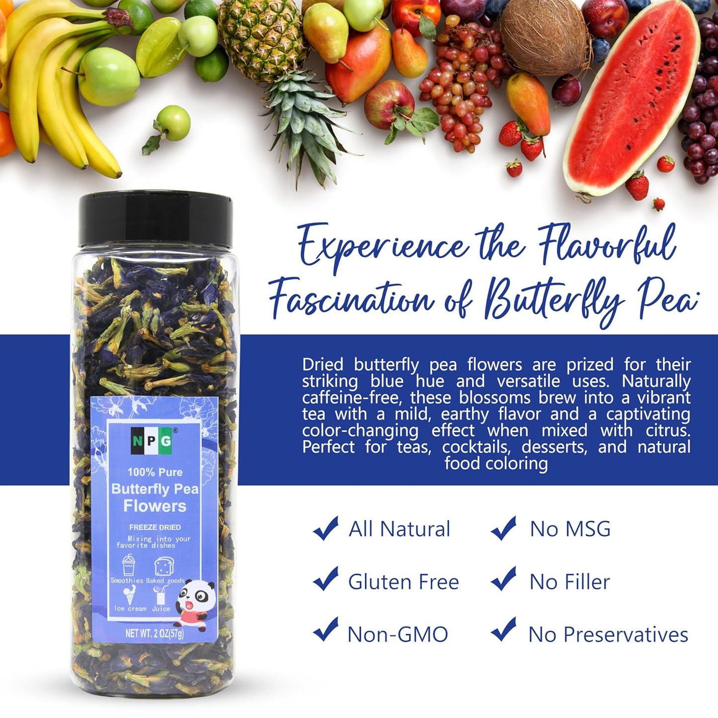 NPG Blue Butterfly Pea Flower Tea 2 Oz, Whole Flower Buds Loose Leaf, Natural Non-GMO Blue Food Coloring for Iced Tea, Cocktails, Caffeine-Free, Approx. 875 Ct