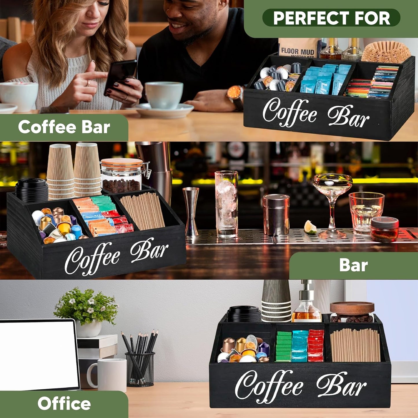 Barista Emperor® SUPER PACK Coffee Bar Organizer for Countertop, Silicone Mat and 2X Silicone Coasters - Tea Organizer Station with Removable Drawers - Office Coffee Station for Countertop