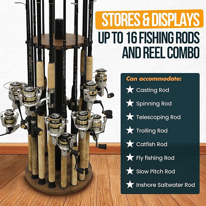 Rush Creek Creations | Round Rod Holder for 16 Freshwater Poles, Gear, and Accessories | Fishing Rack With 16 Rod Clips for Garage Organization