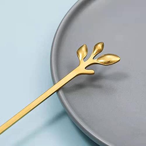 Long Handle Ice Tea Spoons Set Ice Cream Leaf Spoon Stainless Steel Cocktail Stirring Spoon Gold Coffee Spoons For Coffee Bar Dessert Hottea Shakes (6 Pcs, Gold)
