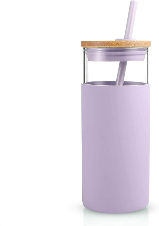 Tronco 20 oz Glass Tumbler with Lid & Straw - Iced Coffee Cup & Smoothie Cup With Silicone Sleeve | BPA-Free, Dishwasher Safe | Reusable Glass Cups with Bamboo Lids and Straws (Light Purple, 1 Count)