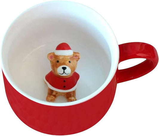 Christmas Bear Ceramic Cup Hidden 3D Animal Inside Mug,12 oz Cute Cartoon Handmade Figurine Mugs,Christmas Birthday Surprise for Friends Family or Kids (Christmas Bear)
