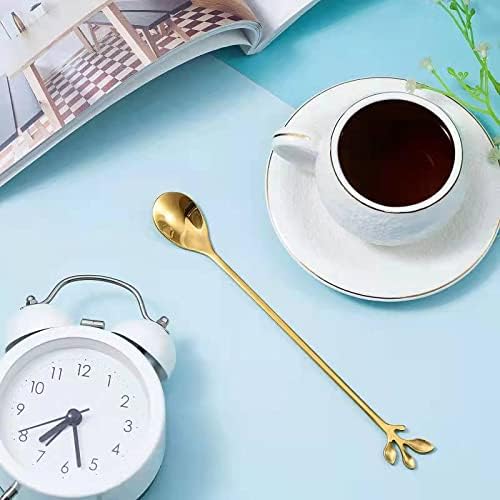 Long Handle Ice Tea Spoons Set Ice Cream Leaf Spoon Stainless Steel Cocktail Stirring Spoon Gold Coffee Spoons For Coffee Bar Dessert Hottea Shakes (6 Pcs, Gold)