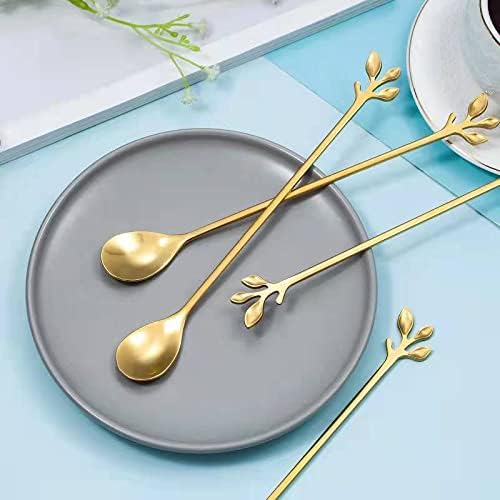 Long Handle Ice Tea Spoons Set Ice Cream Leaf Spoon Stainless Steel Cocktail Stirring Spoon Gold Coffee Spoons For Coffee Bar Dessert Hottea Shakes (6 Pcs, Gold)