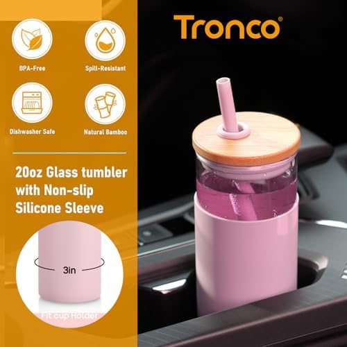 Tronco 20 oz Glass Tumbler with Lid & Straw - Iced Coffee Cup & Smoothie Cup With Silicone Sleeve | BPA-Free, Dishwasher Safe | Reusable Glass Cups with Bamboo Lids and Straws (Yellow 1 Count)