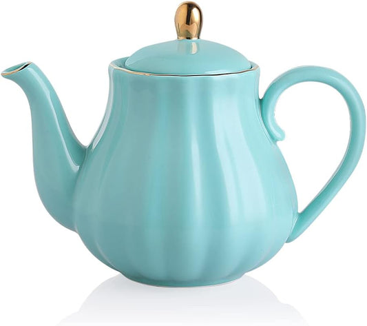 Sweejar Royal Teapot, Ceramic Tea Pot with Removable Stainless Steel Infuser, Blooming & Loose Leaf Teapot - 28 Ounce(Turquoise)