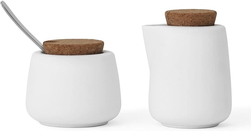 Viva Nicola White Sugar and Creamer Set, Porcelain Coffee and Tea Serving Set - Cream Pitcher and Sugar Bowl with Cork Lid and Metal Spoon, 7oz / 200ml Milk and Sugar for Coffee Bar