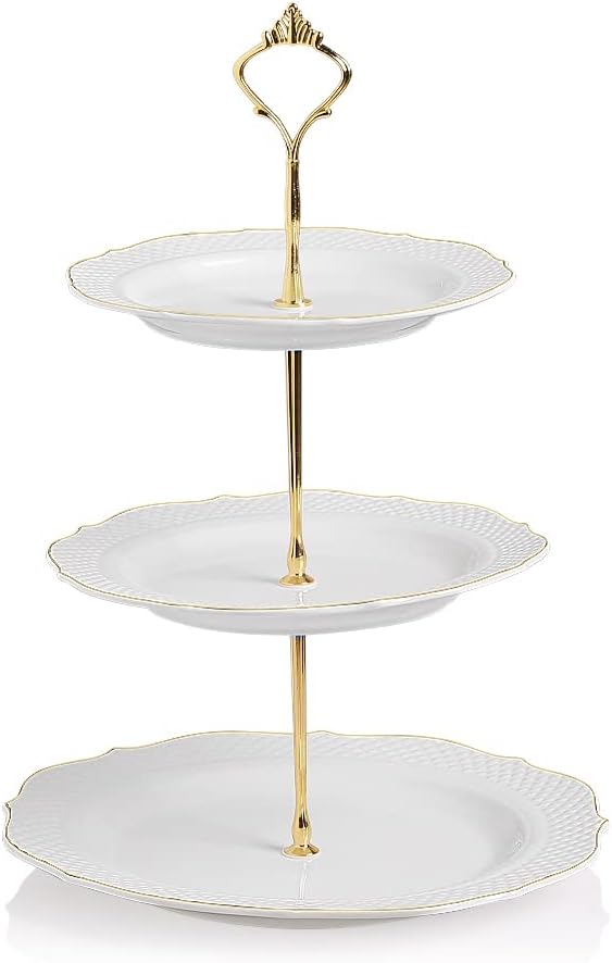 Sweejar 3 Tier Ceramic Cake Stand Wedding, Dessert Cupcake Stand for Tea Party Serving Platter (New White)