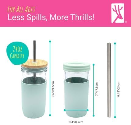 Elk and Friends 24oz Glass Mason Jar – Pack of 4 | Bamboo Straw Lids + Stainless Steel Straws | Smoothie + Iced Coffee + Bubble Tea Cups | Glass Cups with Lids and Straws | Dishwasher Safe
