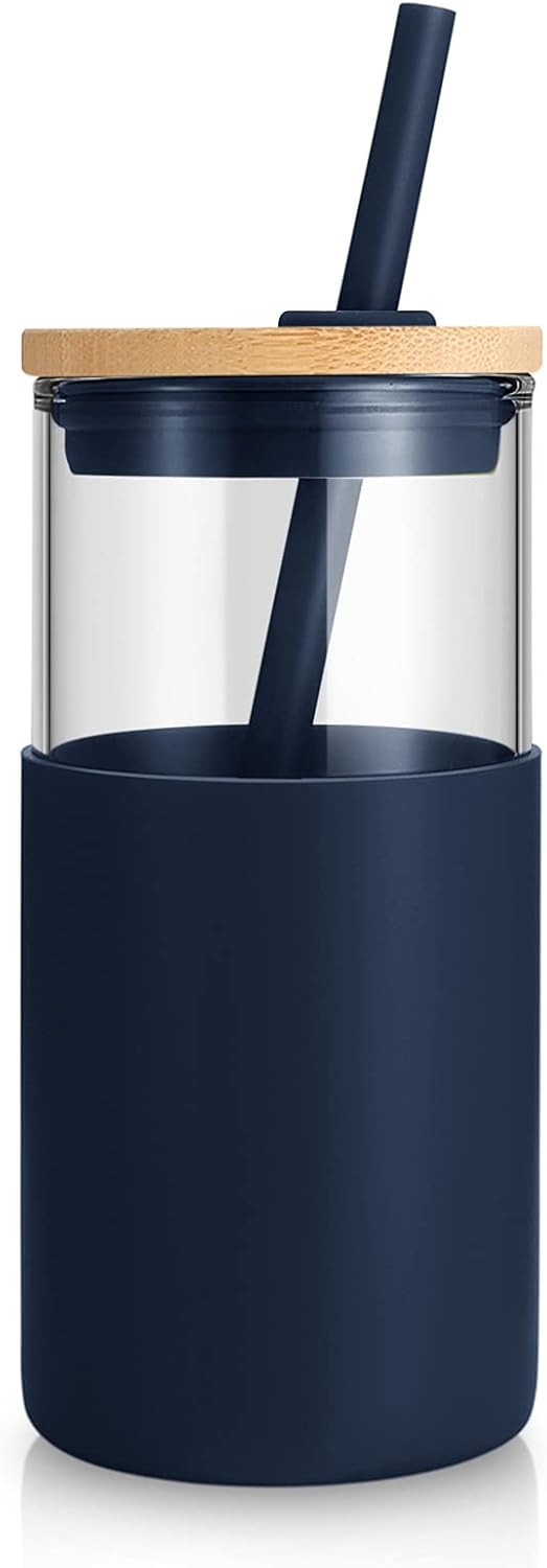 Tronco 16 oz Glass Tumbler with Straw and Bamboo Lid, Iced Coffee Cup Reusable, Smoothie Cups, Tumbler with Silicone Protective Sleeve - BPA Free